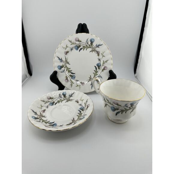 Royal Albert" Brigadoon" Bone China Tea Cup/ Saucer /Plate Blue Pink Thistles - Picture 2 of 9